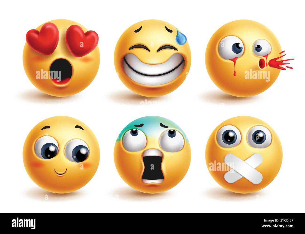 Emoji in Love Emoticon Charaktere Vektor Set. Emoticons 3D süßer Charakter in verliebt, aufgeregt, beleidigt, schüchtern, schreiend und leise Gesichtsausdruck Stock Vektor