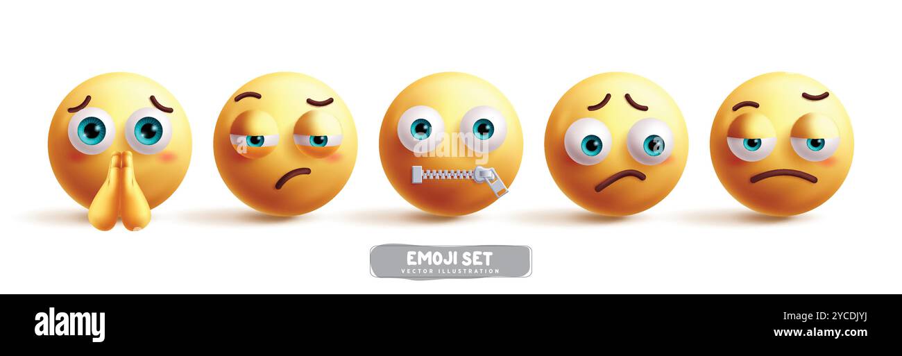 Emoji Emoticon Zeichen Vektorsatz. Emojis gelbe Icon Kollektion mit bettelndem, traurigem, leisen, enttäuschten und bedauerndem Gesichtsausdruck Stock Vektor