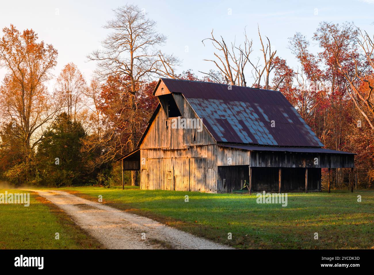 Eine charmante und rustikale Scheune im goldenen Stundenlicht neben einer Schotterfarm. Herbstfarben im Hintergrund und ein kleines bisschen Nebel links Stockfoto