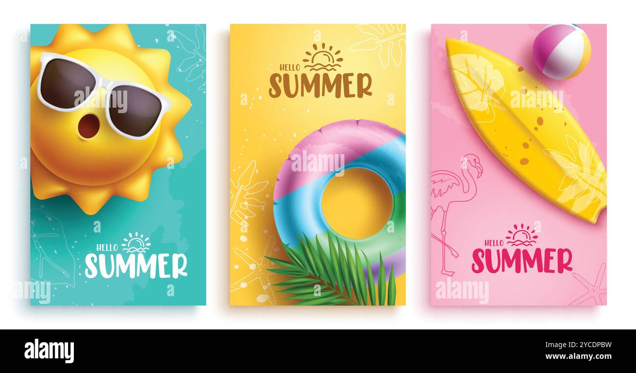 Sommer Hello Text Vektor Poster Set. Grußkarte mit Sonnenbrille, Strandfloatern und Surfbrettern. Stock Vektor