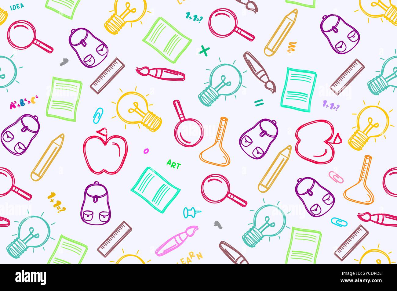 Nahtloses Vektordesign der Kunstschule. Schulbildungswerkzeuge für das Lernen und die Schultätigkeit. Vektor-Illustrationselemente Kritzelhintergrund. Stock Vektor