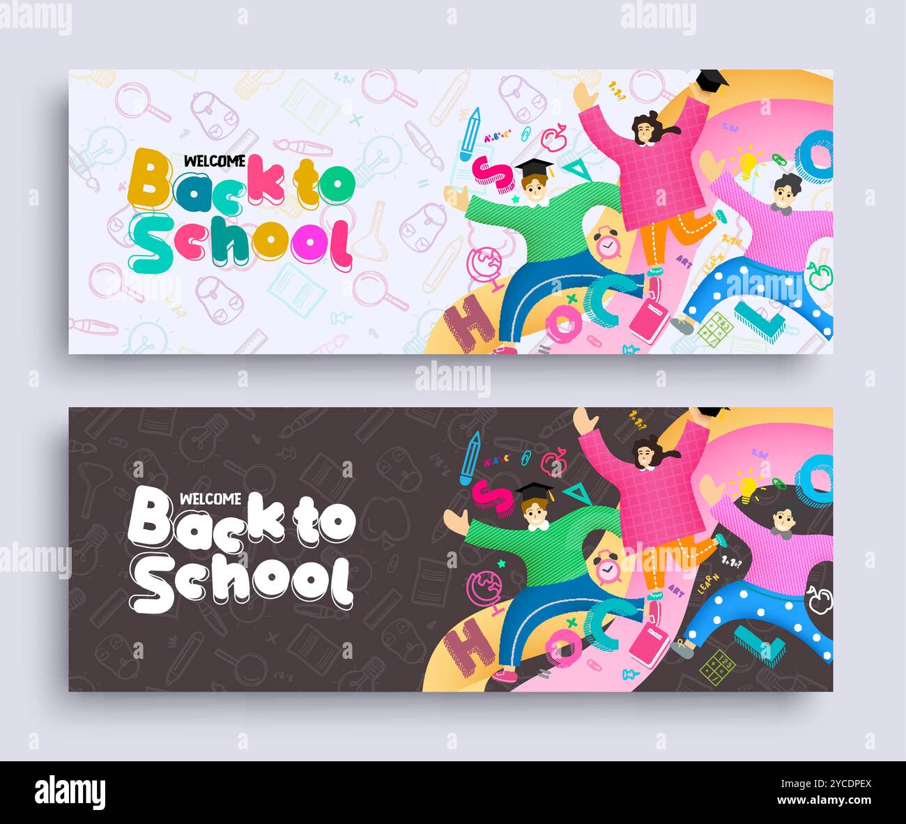 Zurück zur Schule setzen Vektorbanner. Die Figur der Karikaturschüler in der Hintergrundkollektion Doodle. Vektor-Illustration Schuldesign. Stock Vektor