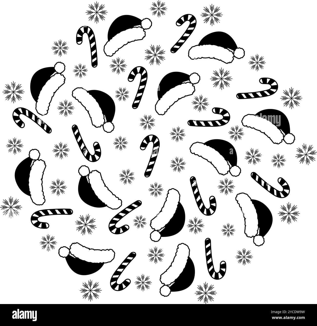 Weihnachtsmützen, gestreifte Bonbonbons und Schneeflocken in verschiedenen Größen Schwarz-weiß-Kreis-Hintergrundee. Isolierte Vektor-Illustrationskarten, Poster, Faltblätter, Banner, Broschüren, Grußworte, Label oder Web Stock Vektor