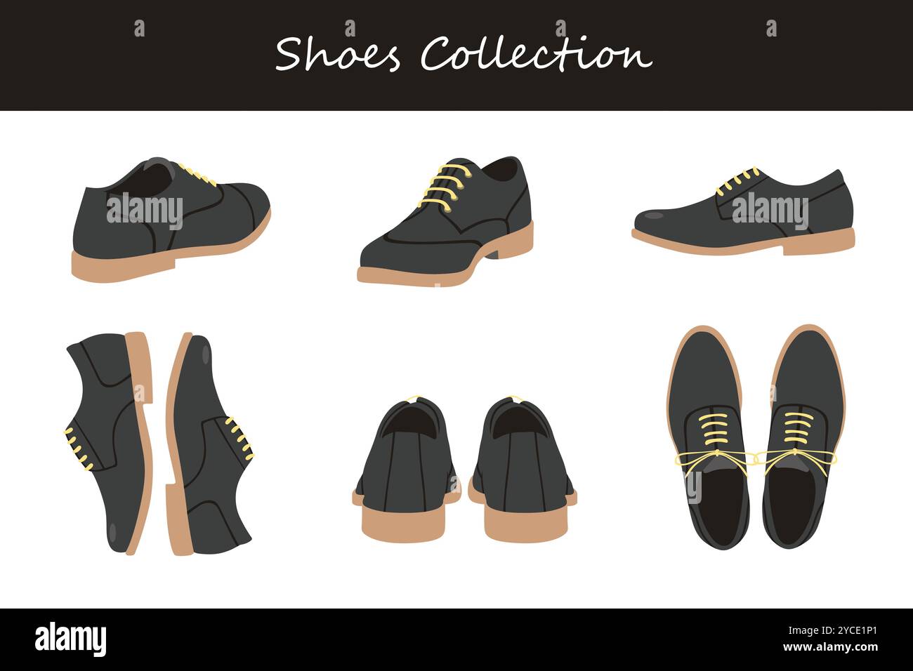 Schuhkollektion in verschiedenen Stellungen. Vektorabbildung. Stock Vektor