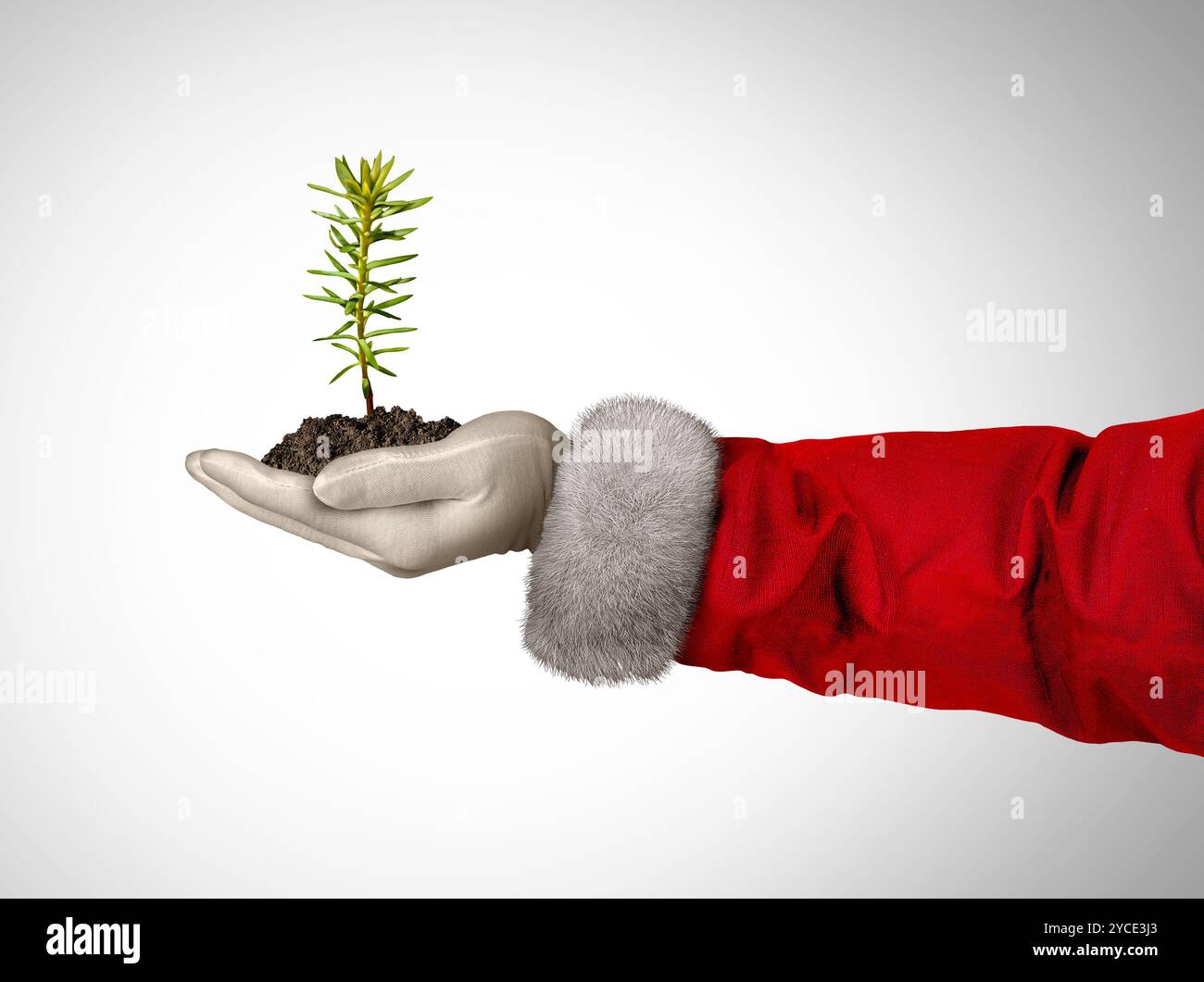 Naturschutz-Feiertagsgeist als Symbol der forstwirtschaftlichen Erneuerung und Erneuerung der Ökologie während der Weihnachtsfeiertage als Weihnachtsmann und ein immergrüner Stockfoto