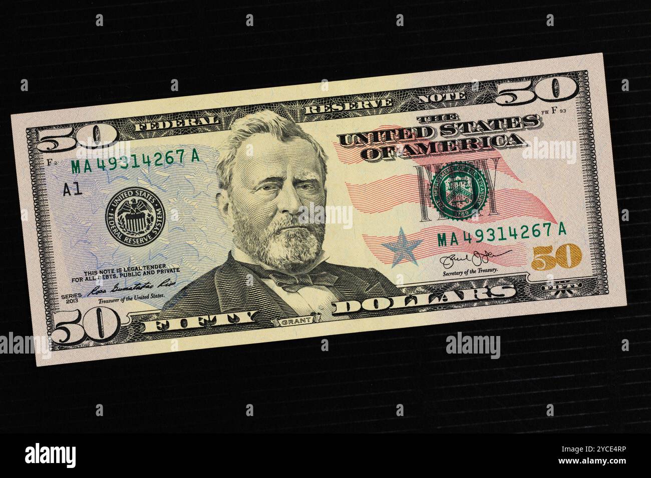 Nahaufnahme der US-50 Dollar-Bill-Front mit Ulysses S. Grant Portrait Stockfoto