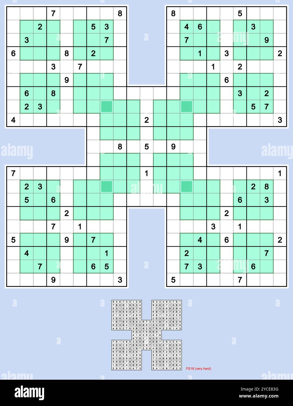 Samurai Sudoku mit Windoku-Variante. Fünf überlappende Windoku-Rätsel, volle Symmetrie. Sehr hart, 77 Hinweise. MK II. Vektor. Stock Vektor