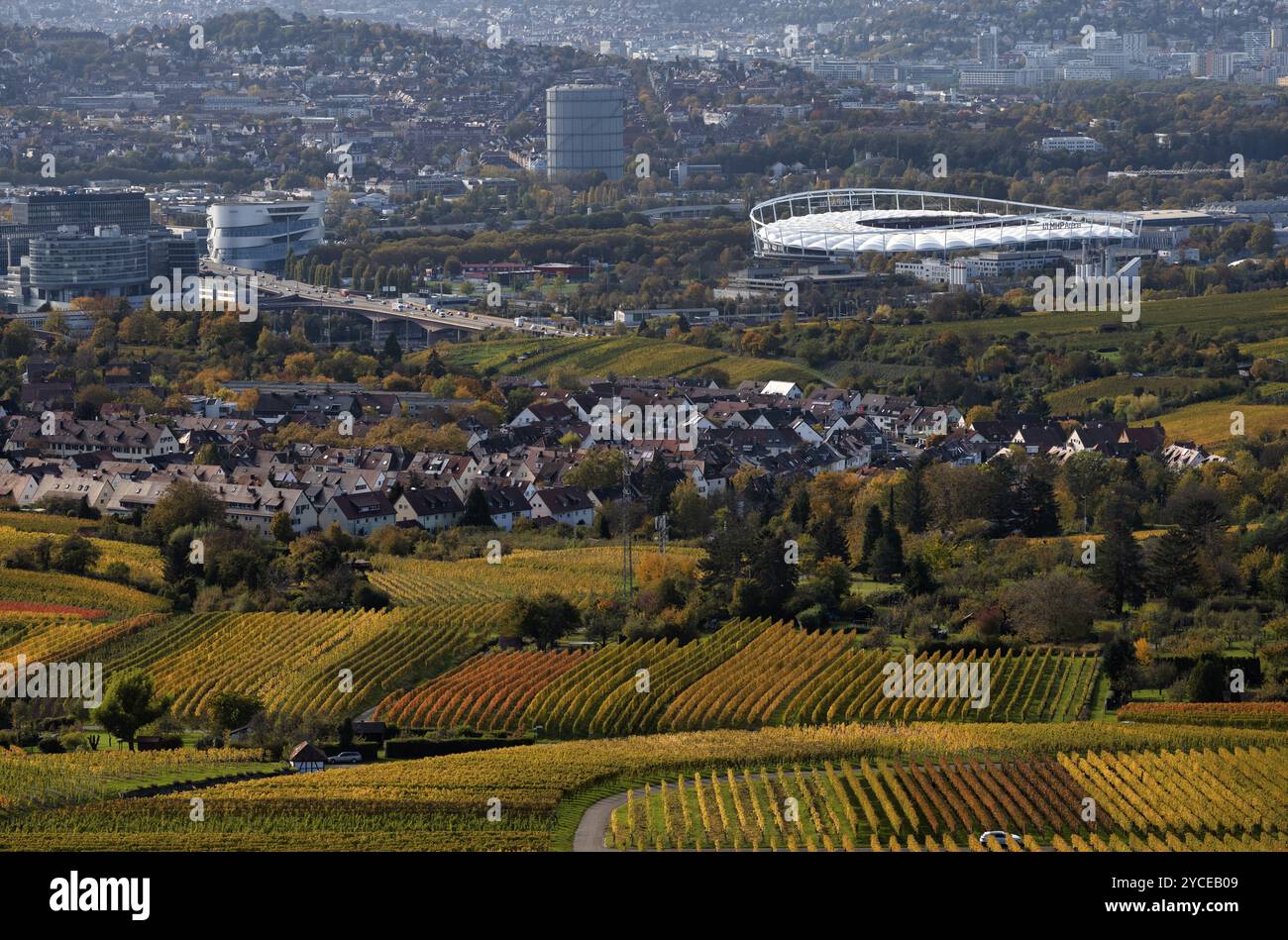 Blick auf MHPArena, MHP Arena, Gaskessel, Daimler Firmenzentrale, Mercedes-Benz Museum, B14, Stuttgart, über Weinberge, Reben, Weinreben, Rebe Stockfoto