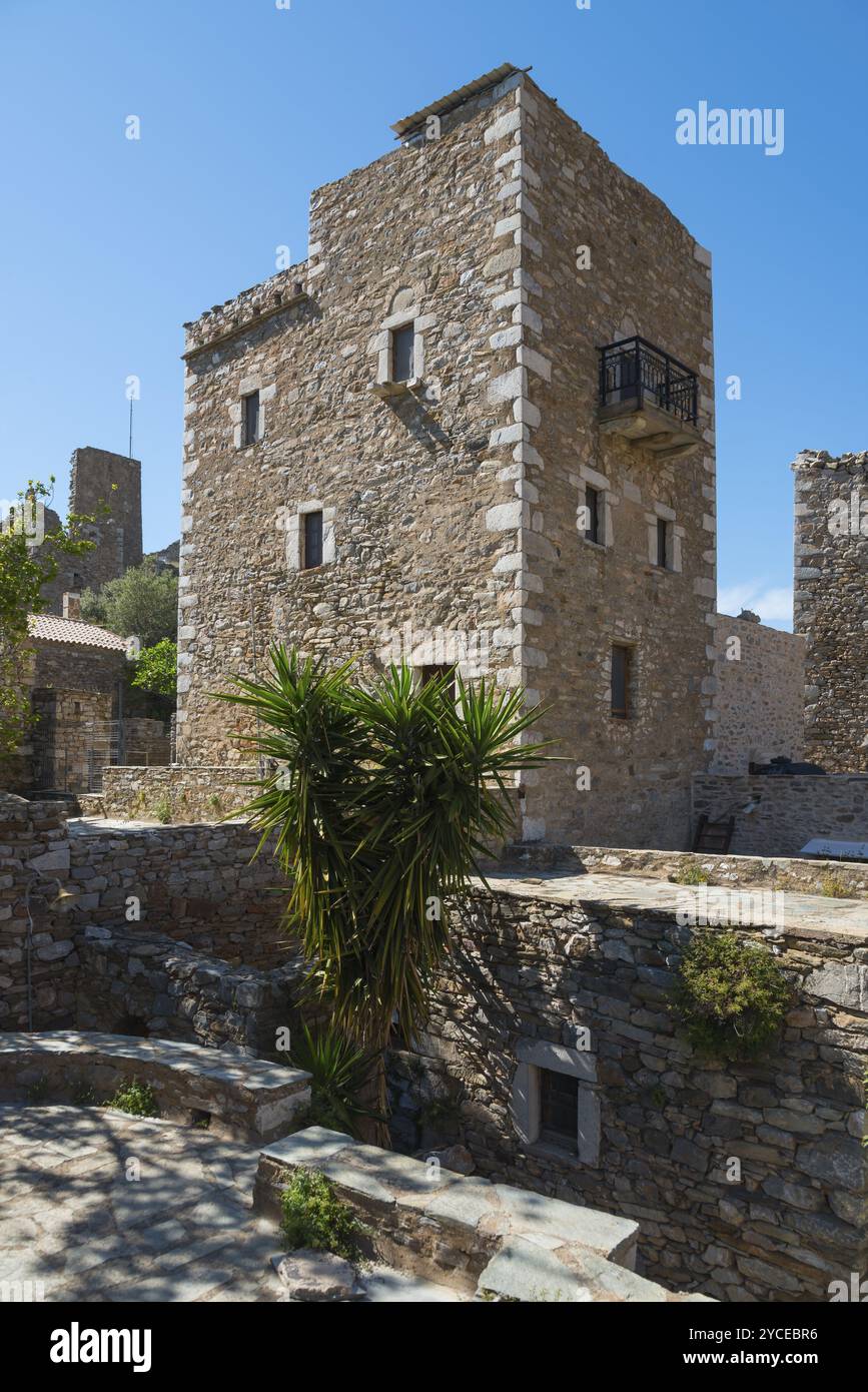 Historisches Dorfgebäude aus Stein mit Pflanzen im Vordergrund, Wohntürme, Vathia, Ithylo, Anatoliki Mani, Mani, Laconia, Peloponnes, Griechenland Stockfoto