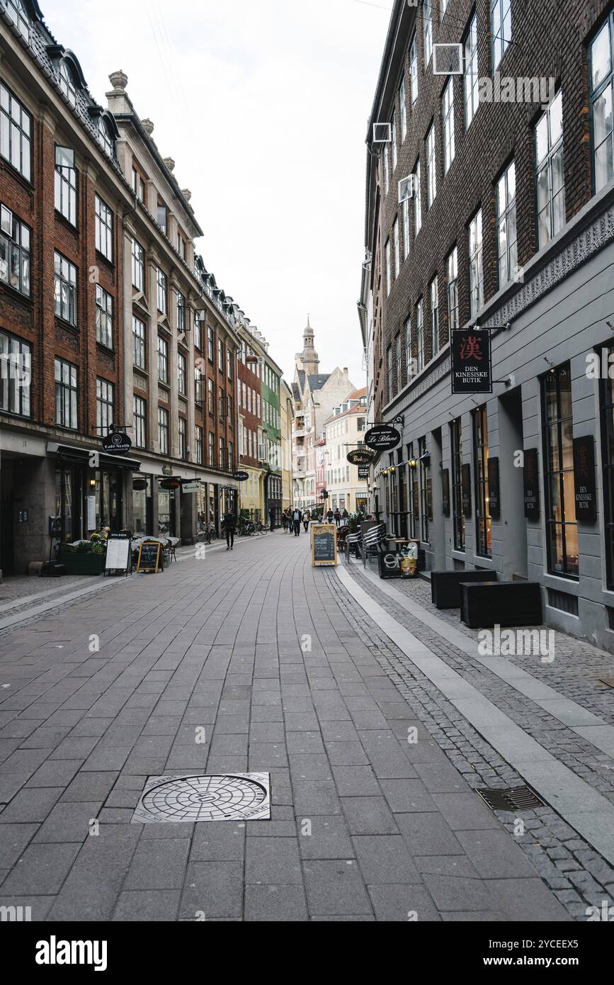 Kopenhagen, Dänemark, 11. August 2016. Geschäftsstraße mit Straßencafé im historischen Stadtzentrum von Kopenhagen, ein bewölkter Sommertag, Europa Stockfoto