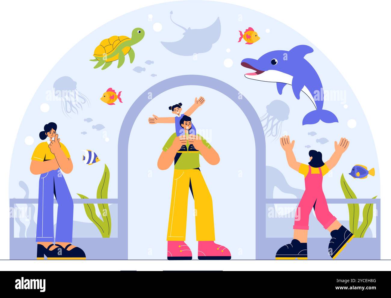 Aquarium Vektor-Illustration mit einer Unterwasserszene mit Fischbeobachtung, Meerestieren und verschiedenen Meeresflora und Fauna im Hintergrund Stock Vektor