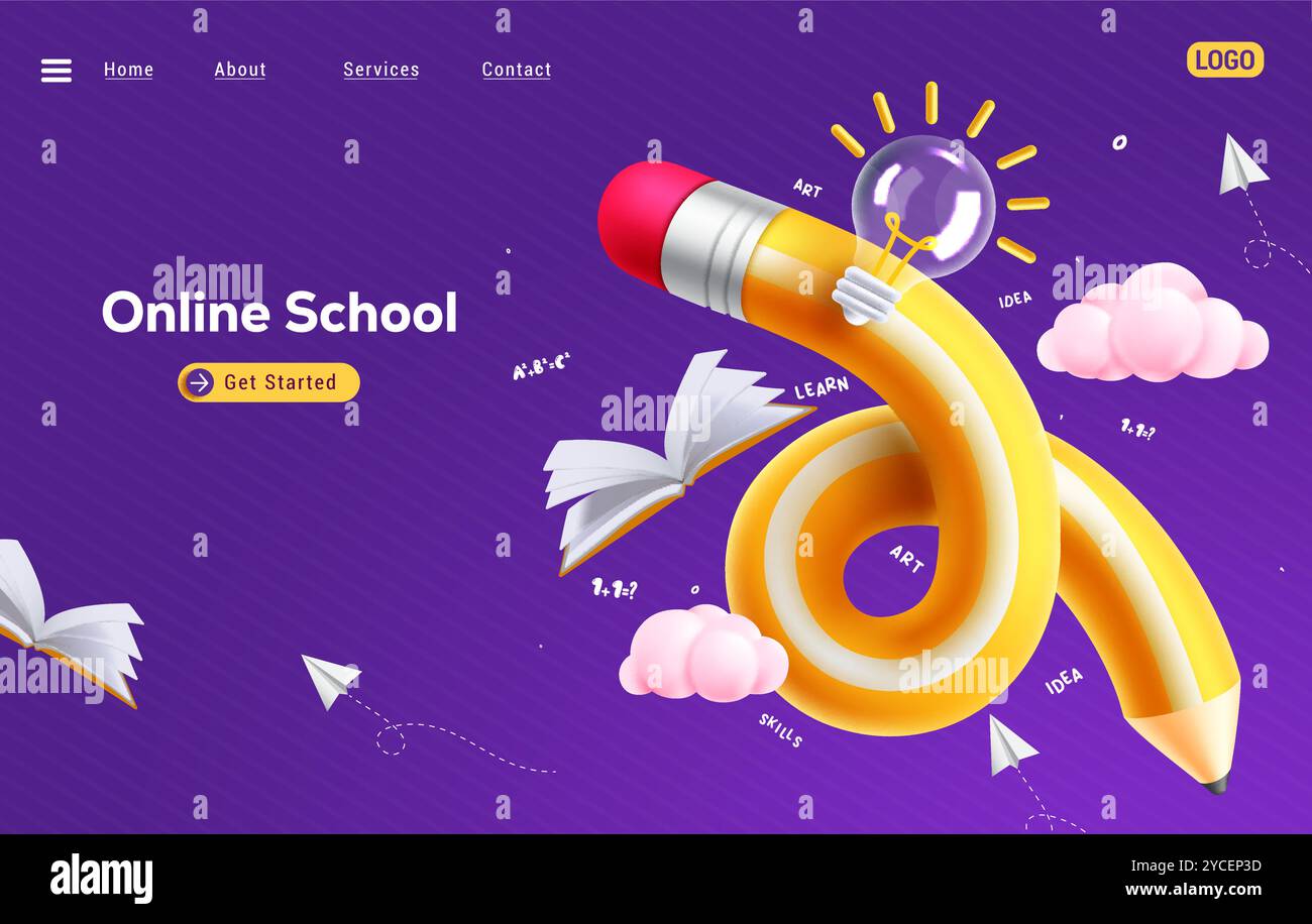 Schule Online Website Vektor Konzept Design. Zurück zur Schule Webbanner Geschäftswerbung für die Homepage des E-Learning-Kurses. Vektorabbildung Stock Vektor