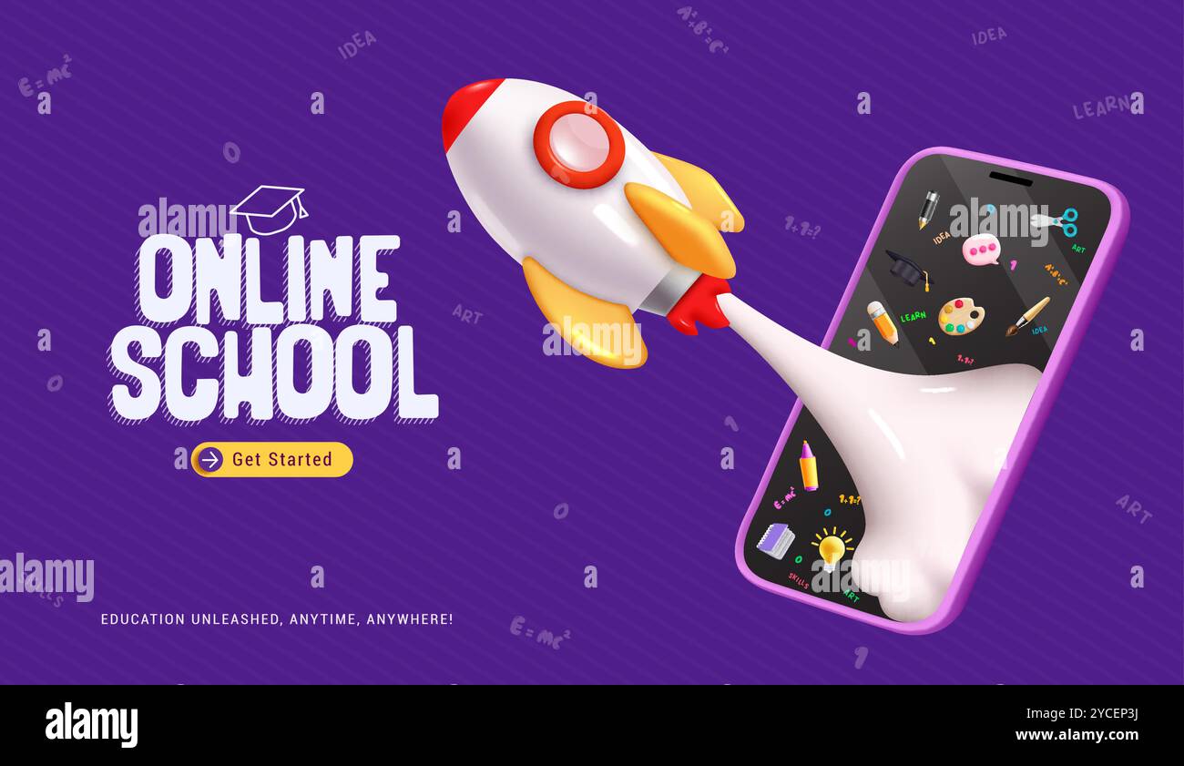 Online-Schulvektordesign. Website des E-Learning-Kurses mit Elementen für Mobiltelefone und Raketenschiffe. Vektorillustration Online-Bildung Stock Vektor