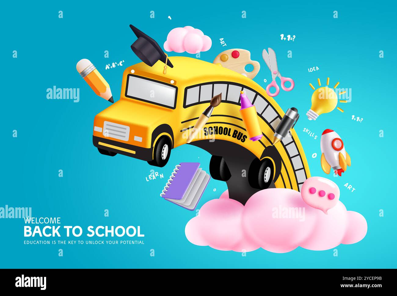 Back to School Vector Concept Design. Zurück zur Schule Text mit Schulbus und Schülerbedarf in kreativem Kunstdesign. Vektor-Illustration Stock Vektor