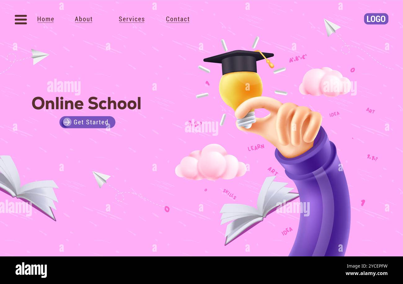 Online-Schule Website-Vektorkonzept. Layout der Website-Homepage für E-Learning-Kurse im Fernunterricht. Vektorillustration Webdesign-Banner. Stock Vektor