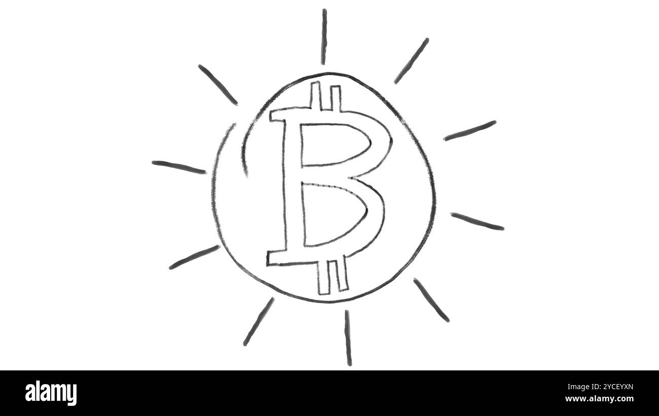Animiertes Bitcoin-Symbol, Kreidestrich auf weißem Hintergrund, ideal für Compositing, Verwendung als Maske, ideal für Daten, Unternehmen, Finanzen und Internet, ico Stockfoto