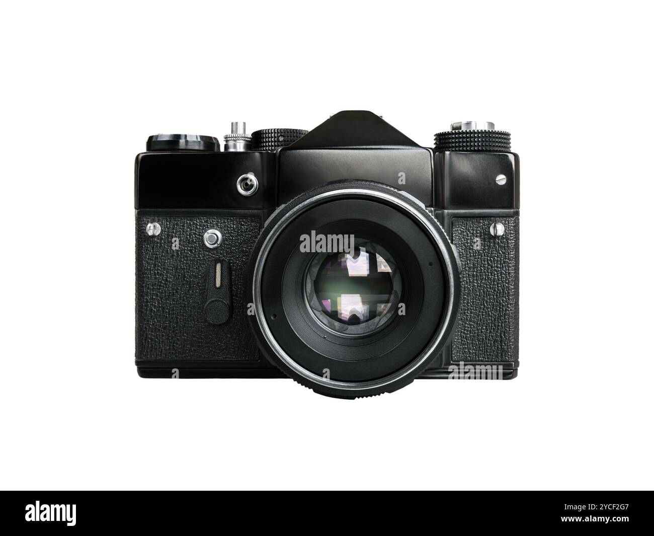 Vorderansicht der sowjetischen Schwarzfilmkamera isoliert auf weißem Hintergrund. Stockfoto