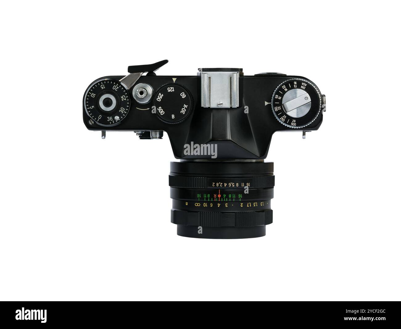 Draufsicht der sowjetischen Schwarzfilmkamera isoliert auf weißem Hintergrund. Stockfoto