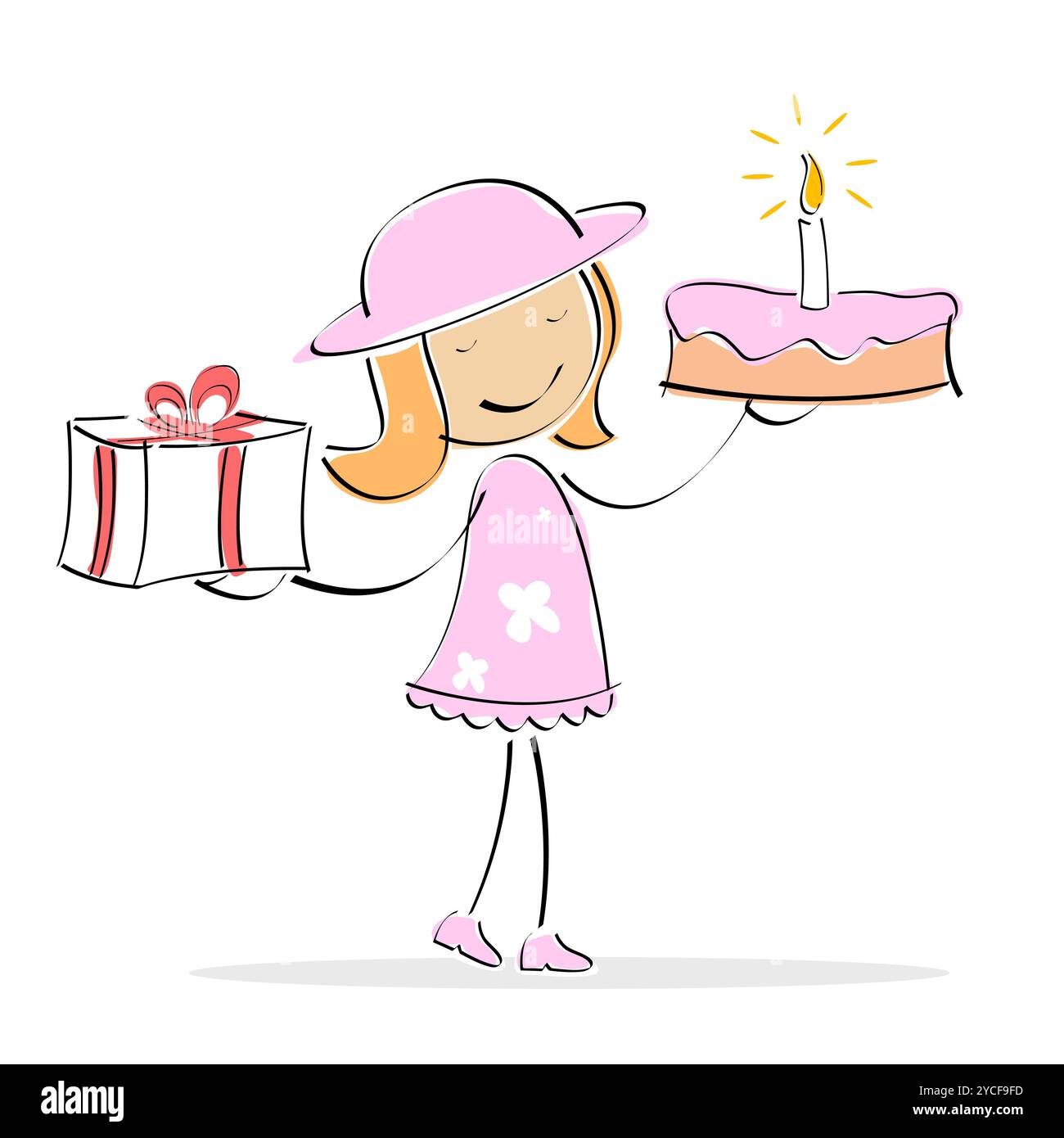 Abbildung des Vektor Mädchen Holdig Kuchen und Geschenk-Box in zwei Händen auf einer isolierten Hintergrund Stockfoto