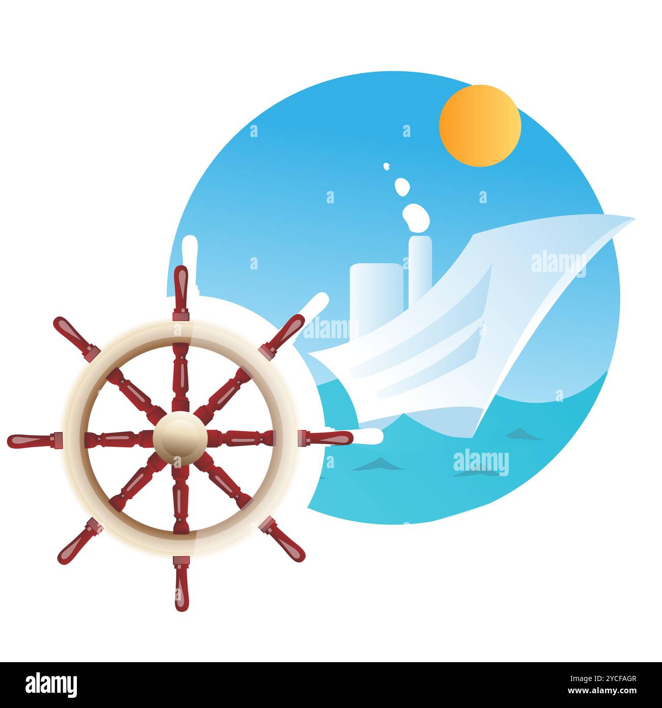 Abbildung des Schiffes Lenkrad und im Hintergrund Schiff im Meer Stockfoto