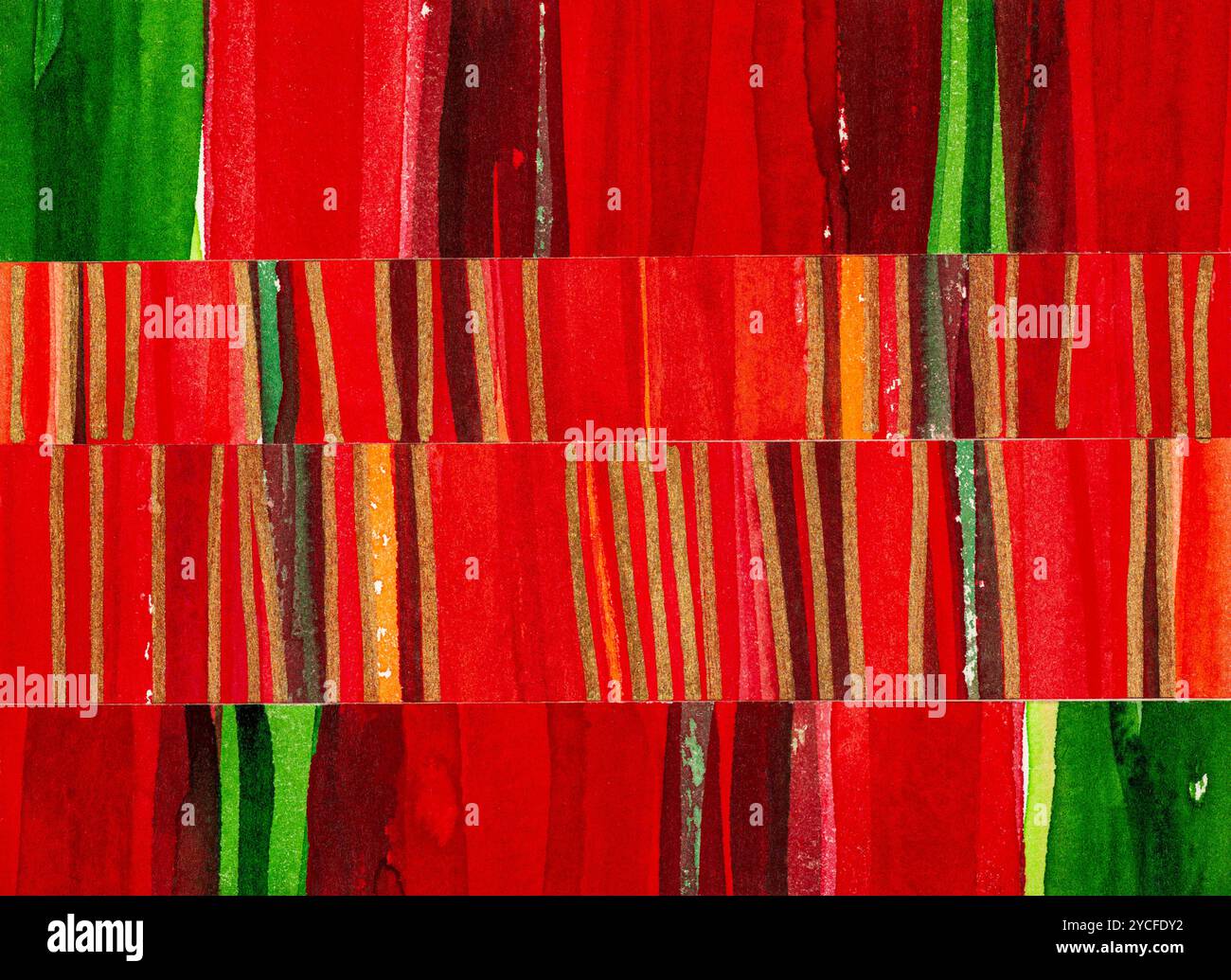 Aquarell von Heidrun Füssenhäuser, Weihnachtsmotiv in Rot, Streifen, Linien, Felder Stockfoto