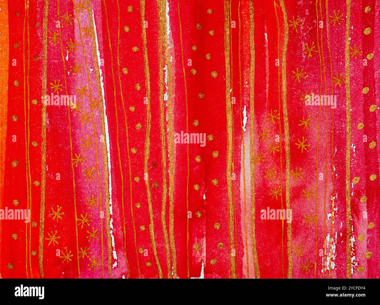 Aquarell von Heidrun Füssenhäuser: Weihnachtsmotiv in Rot, Gold, Streifen, Linien, Sternen Stockfoto