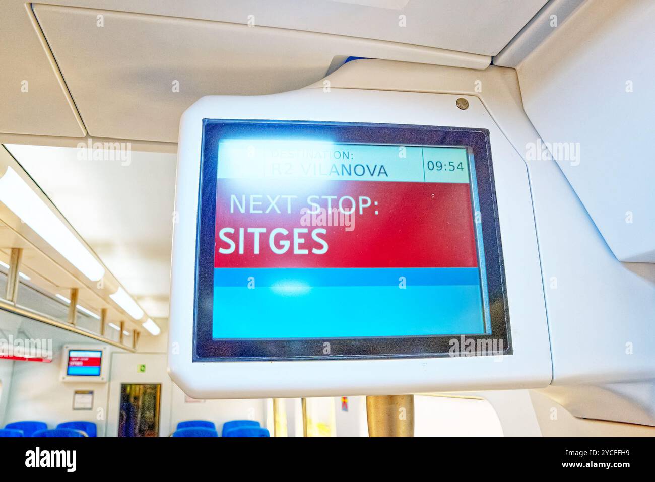 Innenraum der Geschwindigkeit S-Bahn für die Sitges, Vorort von Barcelona gebunden. Spanien Stockfoto