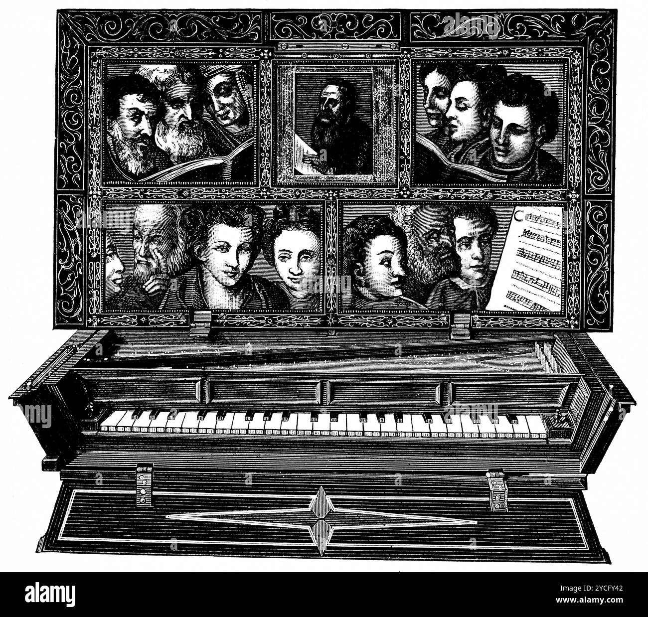 Spinet mit Zeichenbrett mit verschiedenen Chorsängern, Geschichte der deutschen Musik, historische Illustration 1892 Stockfoto