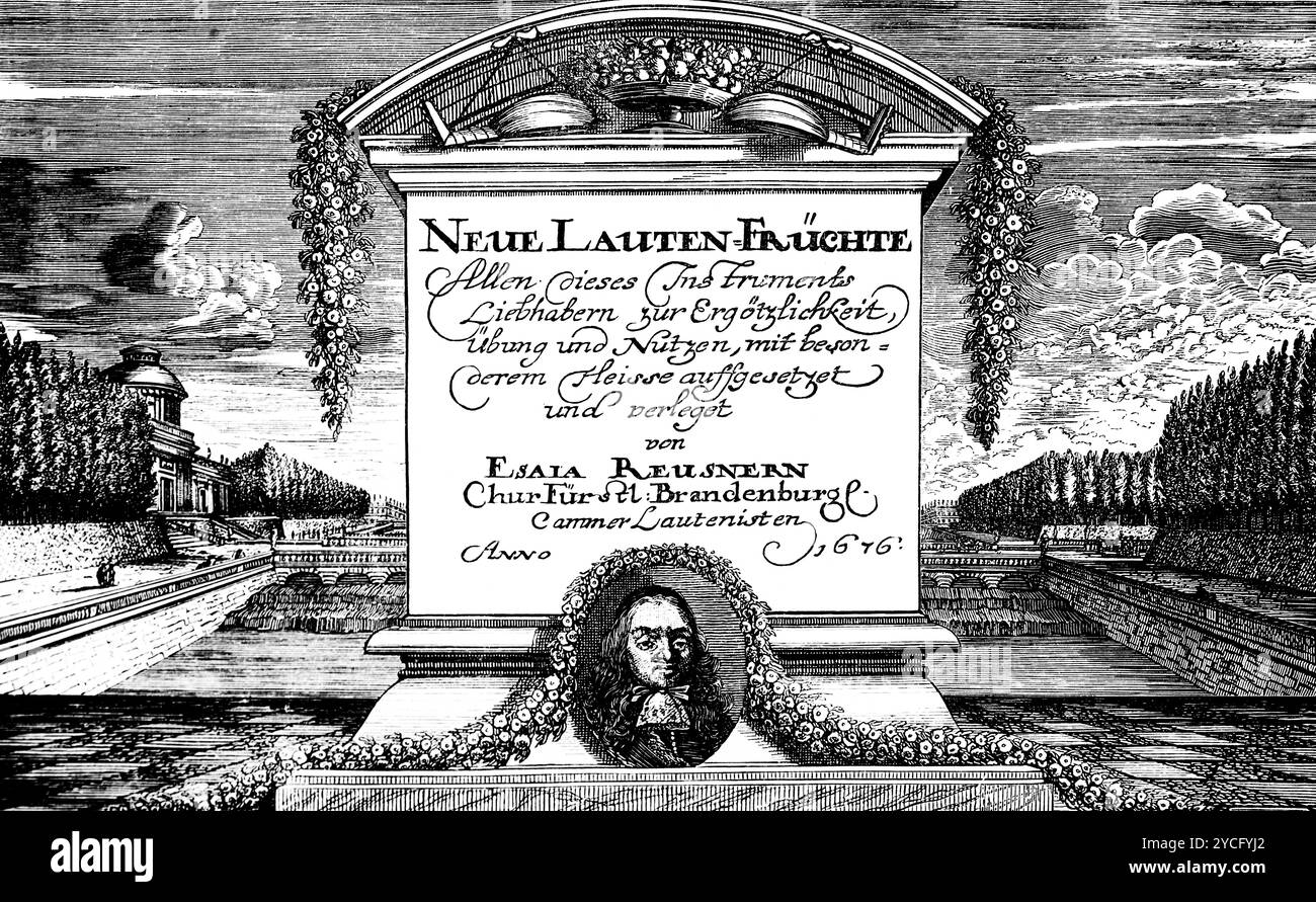 Titel des Lauten Früchte-Komponisten Elias Reussner, erschienen 1676, Geschichte der deutschen Musik, historische Illustration 1892 Stockfoto