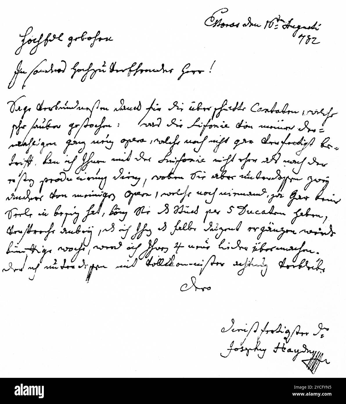 Faksimile eines handgeschriebenen Briefes von Joseph Haydn aus dem Jahr 1782, Geschichte der deutschen Musik, historische Illustration 1892 Stockfoto
