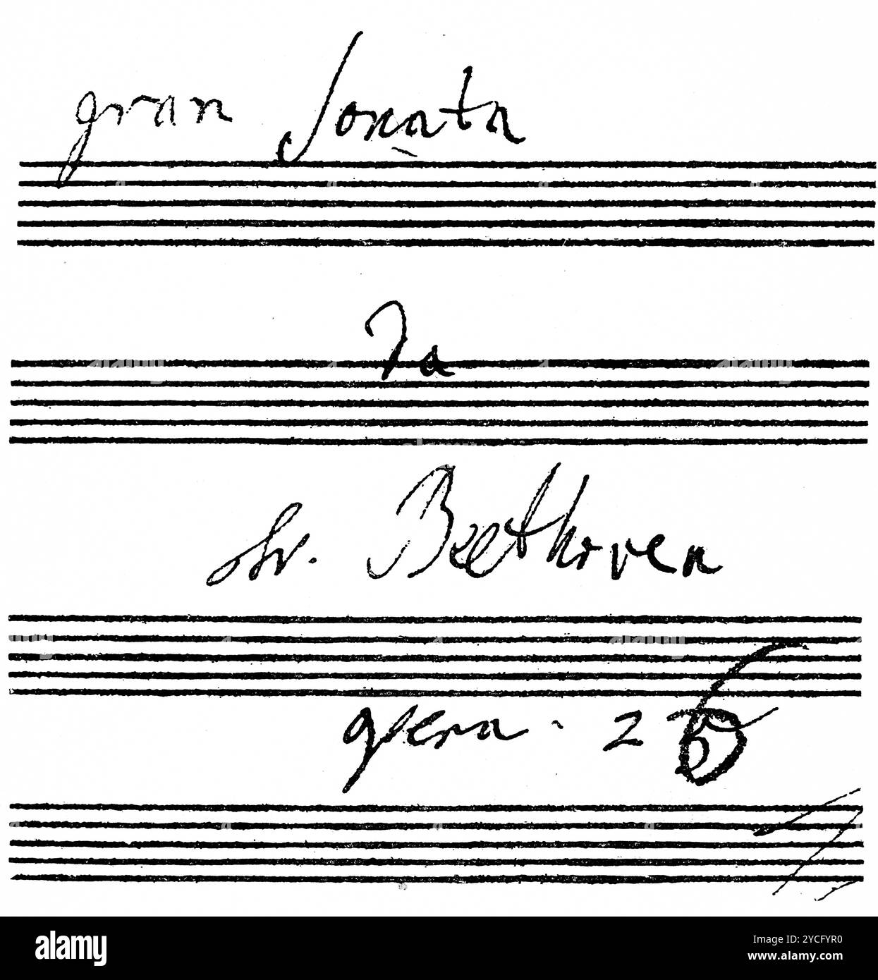 Unterschrift der Gran Sonate für Hammerklavier des deutschen Komponisten Ludwig van Beethoven, Geschichte der deutschen Musik, historische Illustration 1892 Stockfoto