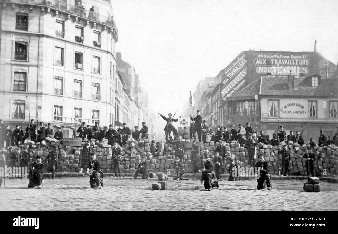 PARIS GEMEINDE Steinmauer, die am 18. März 1871 die Ménilmontamt-Straße blockierte. Foto: Paris Musées Stockfoto