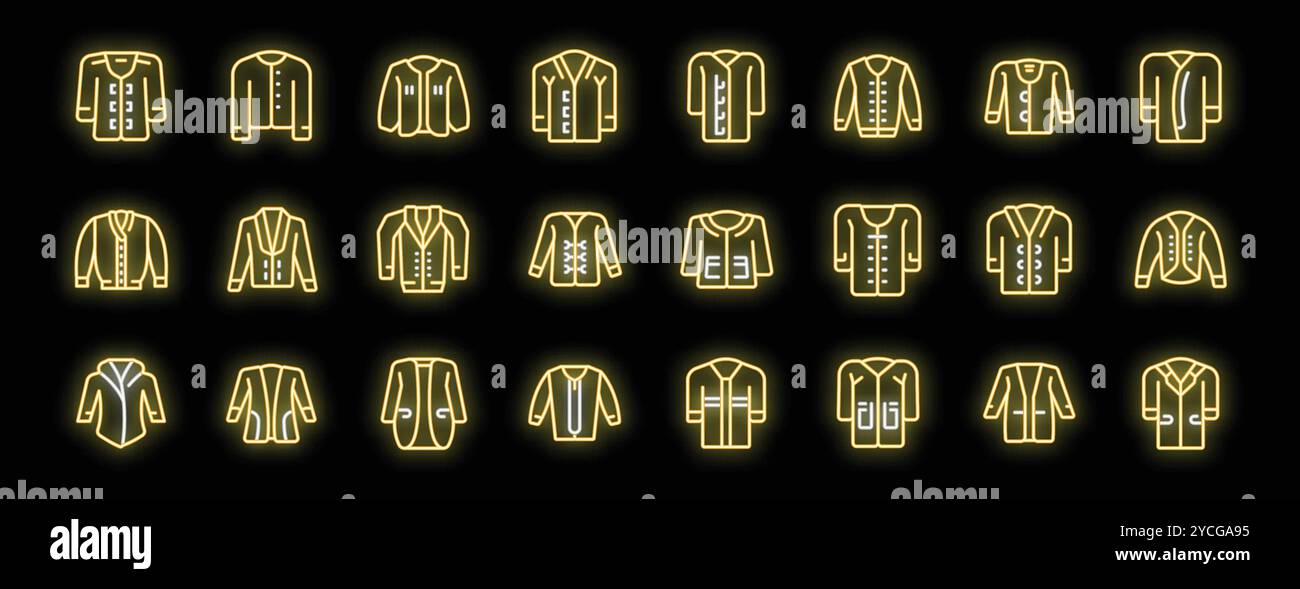 Leuchtende Neonsymbole repräsentieren eine Vielzahl von Jacken-Styles mit verschiedenen Designs und modischen Elementen Stock Vektor
