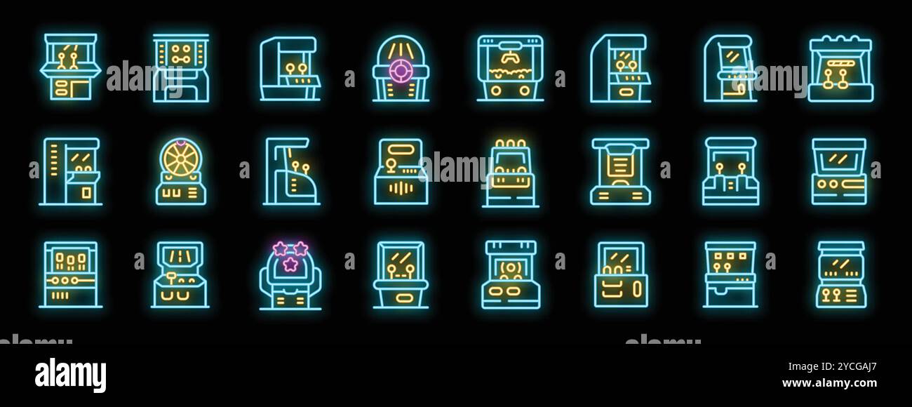 Leuchtende Neonsymbole, die verschiedene Spielautomaten darstellen und die Spannung und Nostalgie klassischer Spiele einfangen Stock Vektor