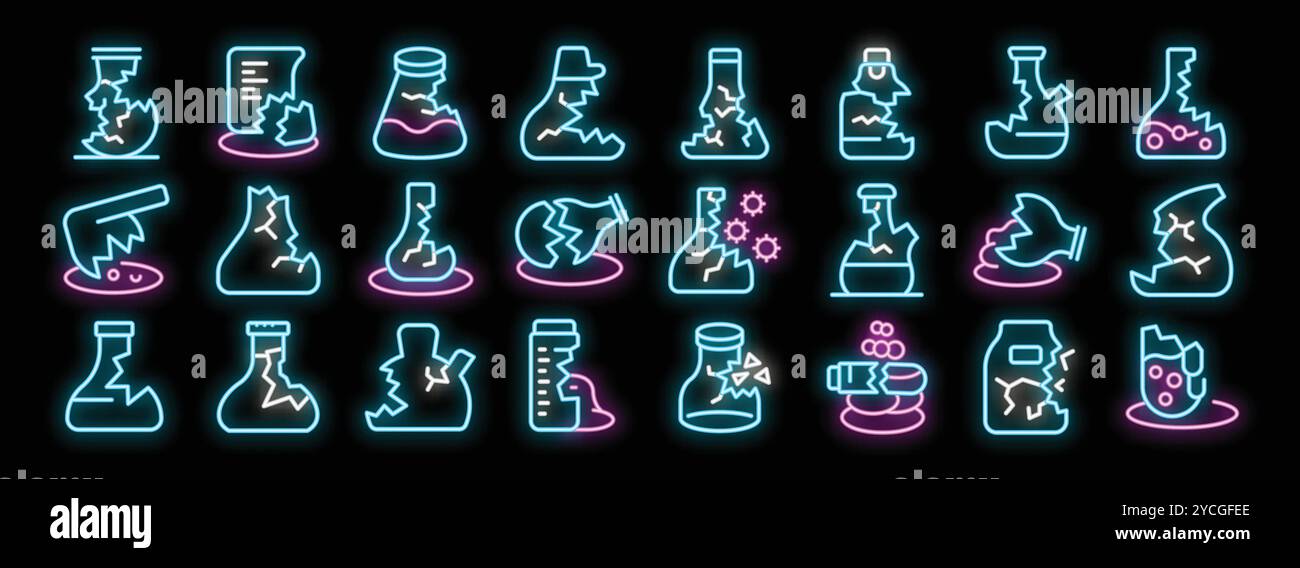 Leuchtende Neonsymbole für gebrochene Reagenzgläser und Kolben, die ein fehlgeschlagenes Experiment oder einen Unfall in einem Labor darstellen Stock Vektor