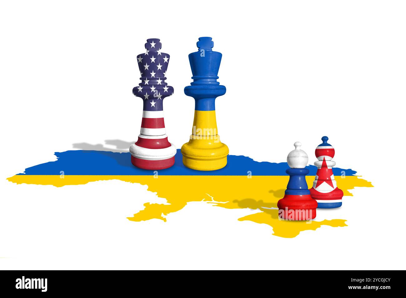 Schach aus der Ukraine und Russland mit Nordkorea- und USA-Flaggen auf einer ukrainischen Flaggenkarte. Stockfoto