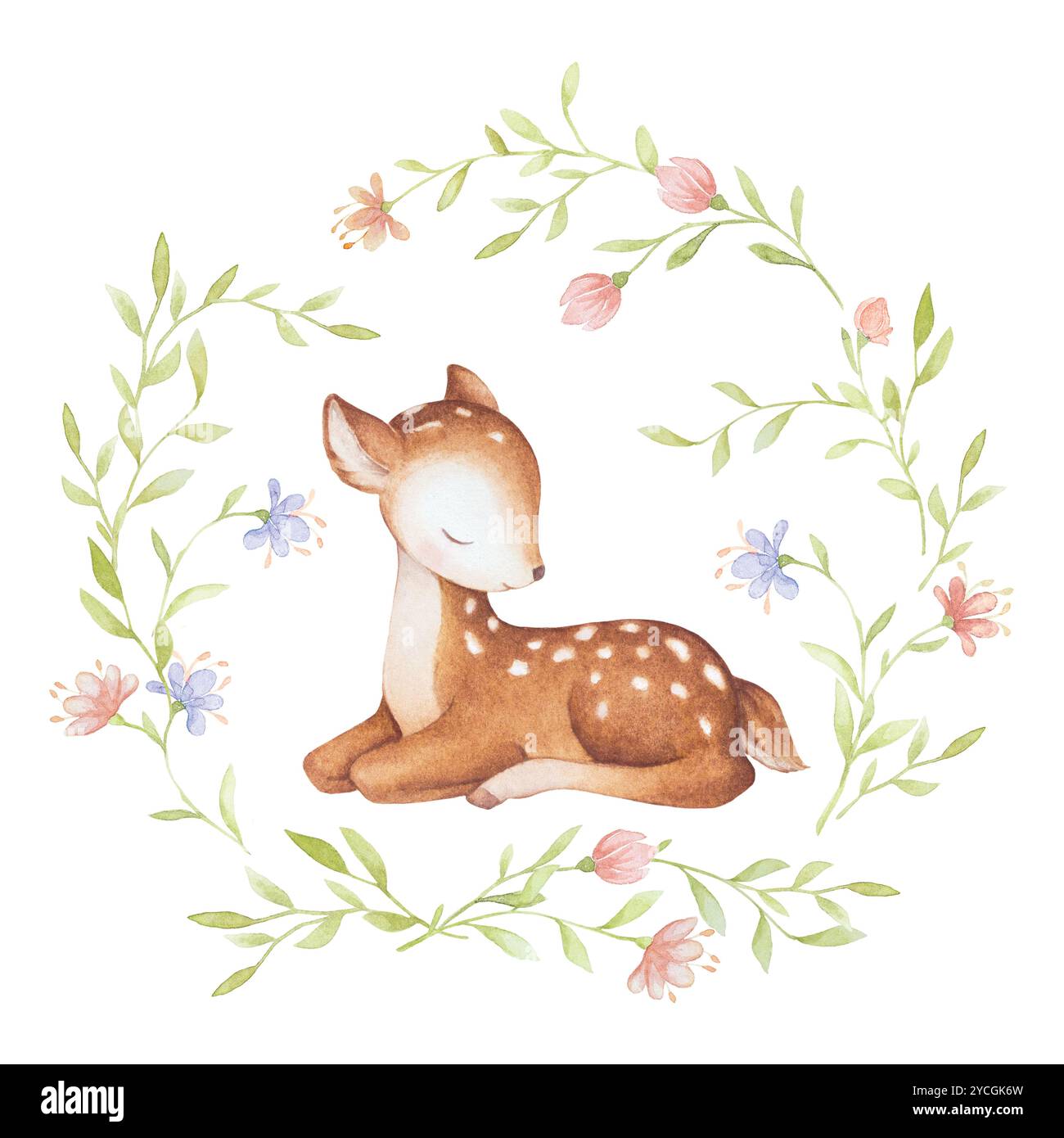 Hirsch Fawn Aquarellillustrationen, Little Deer Sleeping Illustration, Baby Forest Animals Clipart, Aquarellkranz, Baby Shower Clip Art Stockfoto
