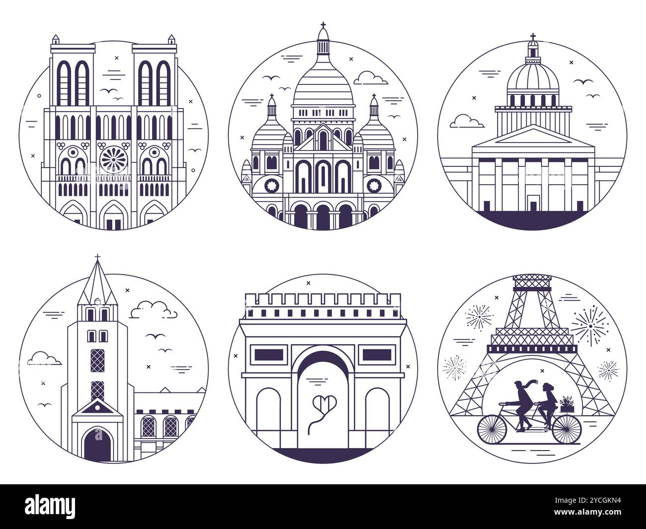 Paris Denkmäler und Sehenswürdigkeiten Line Travel Icons Stock Vektor