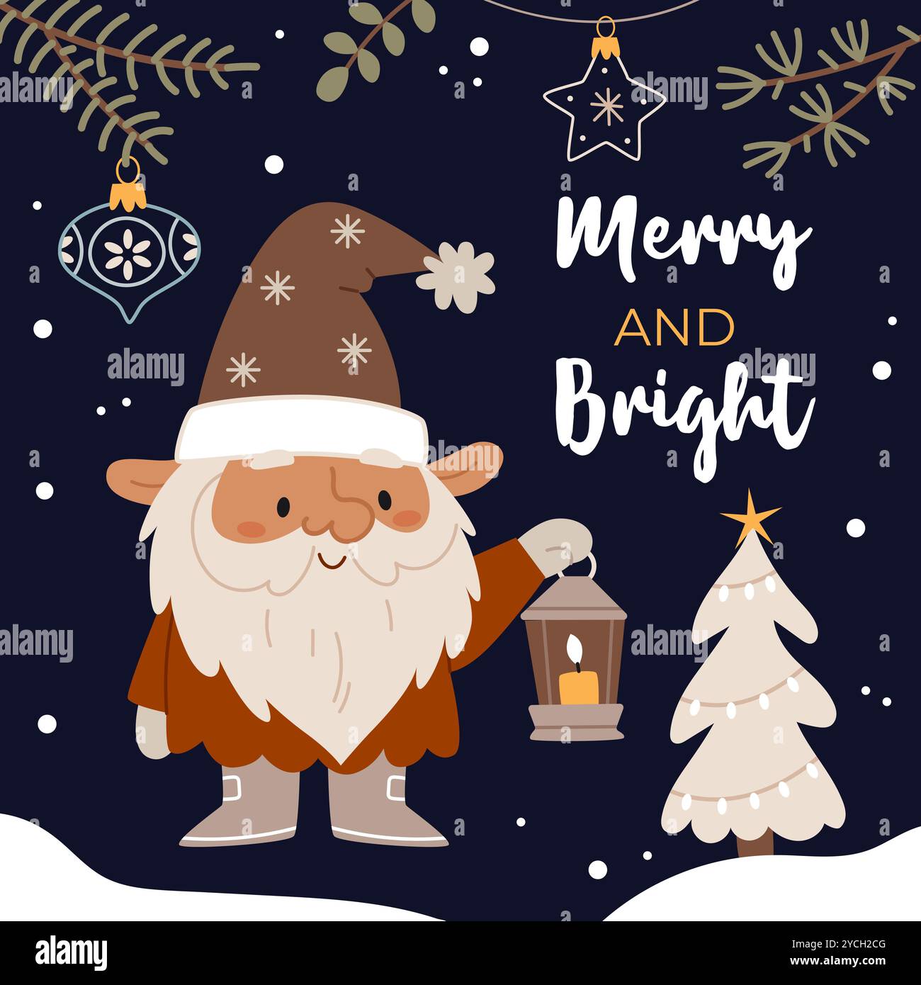 Neujahrskarte. Zwerg hält eine Laterne. Neutrale Farben. Weihnachtliche Atmosphäre. Weihnachtsmann. Stock Vektor