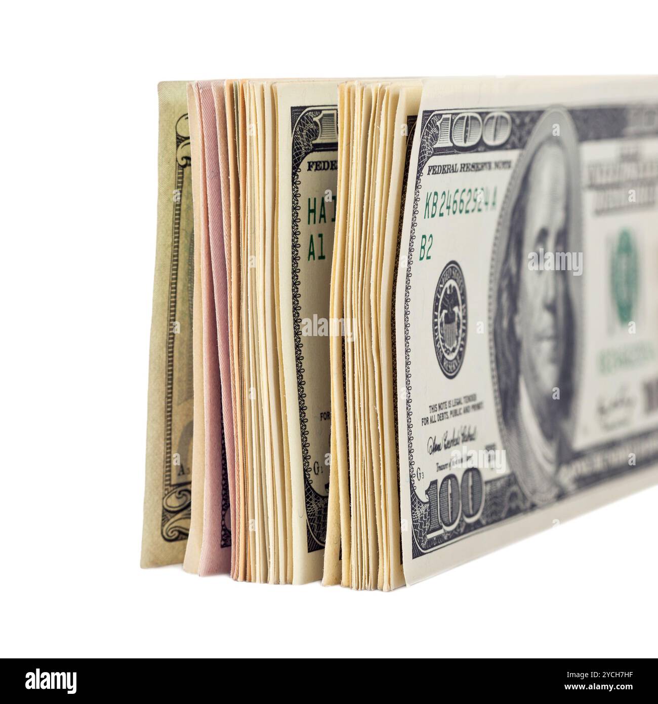 US-Dollarnoten auf weißem Hintergrund Stockfoto