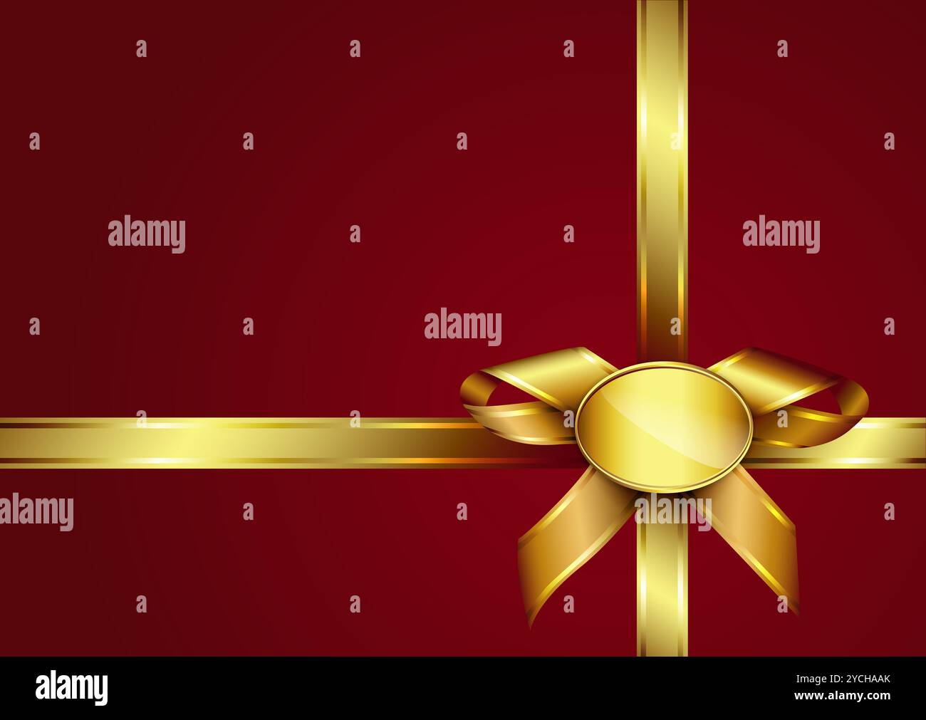 Goldene Schleife und Etikett auf roter Einladungskarte. Design für Geschenkkarte oder Geschenkbox mit Kopierraum für Text. Vektor-eps10-Illustration Stockfoto