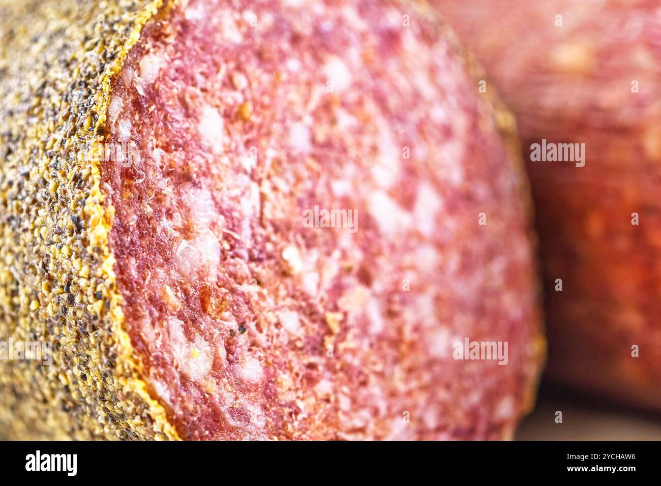 Nahaufnahme einer scharfen Salami-Wurst. Stockfoto