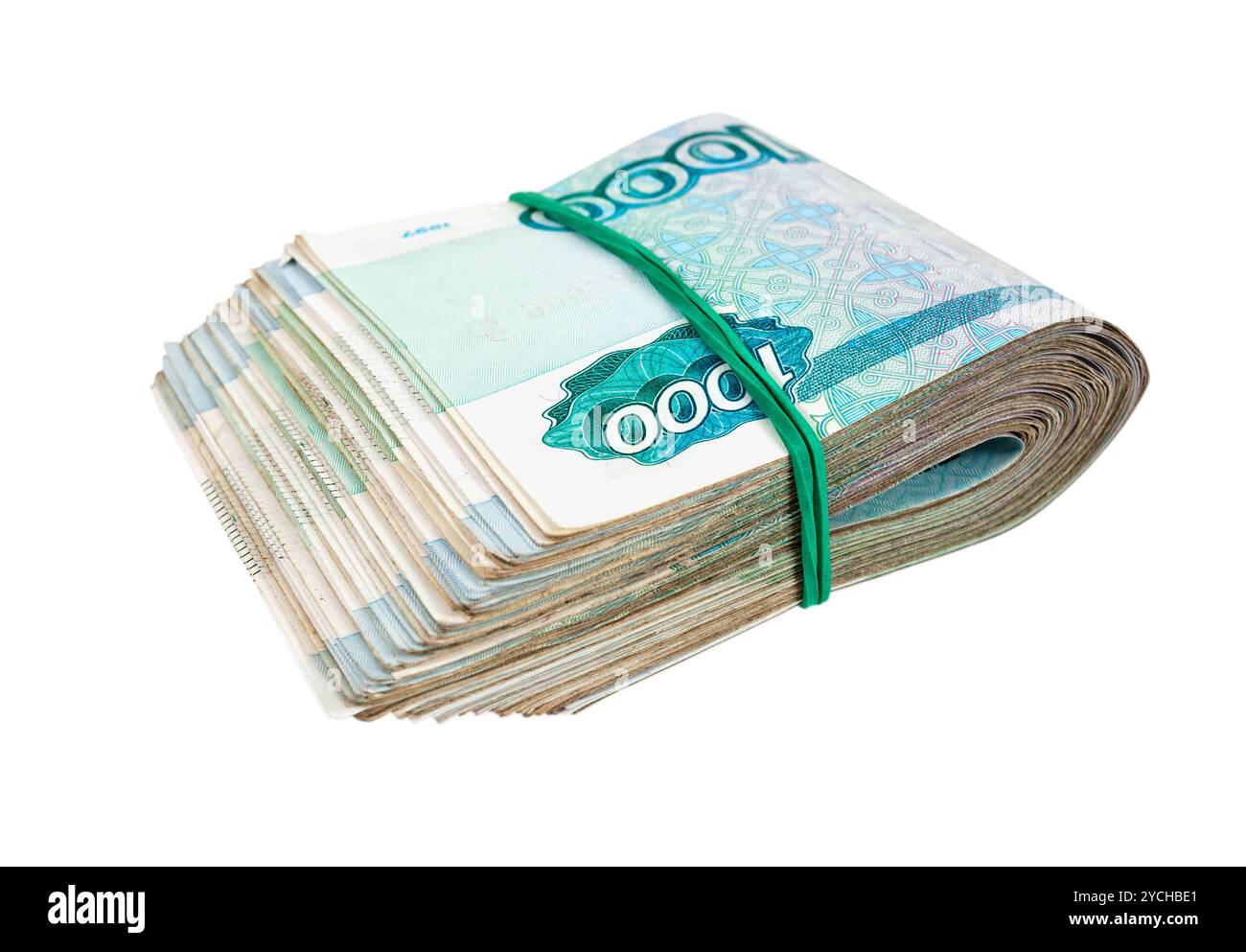 Gefaltete Tausendstel Rubel Rechnungen auf weißem Hintergrund isoliert Stockfoto