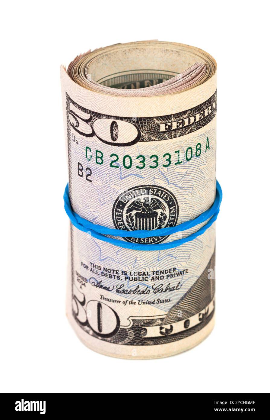Rollen des US-Dollars, umhüllt von Kautschuk auf weißem Hintergrund Stockfoto