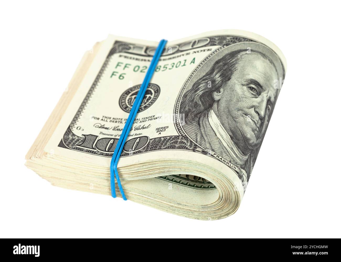 US-Dollar umhüllt von Kautschuk auf weißem Hintergrund Stockfoto