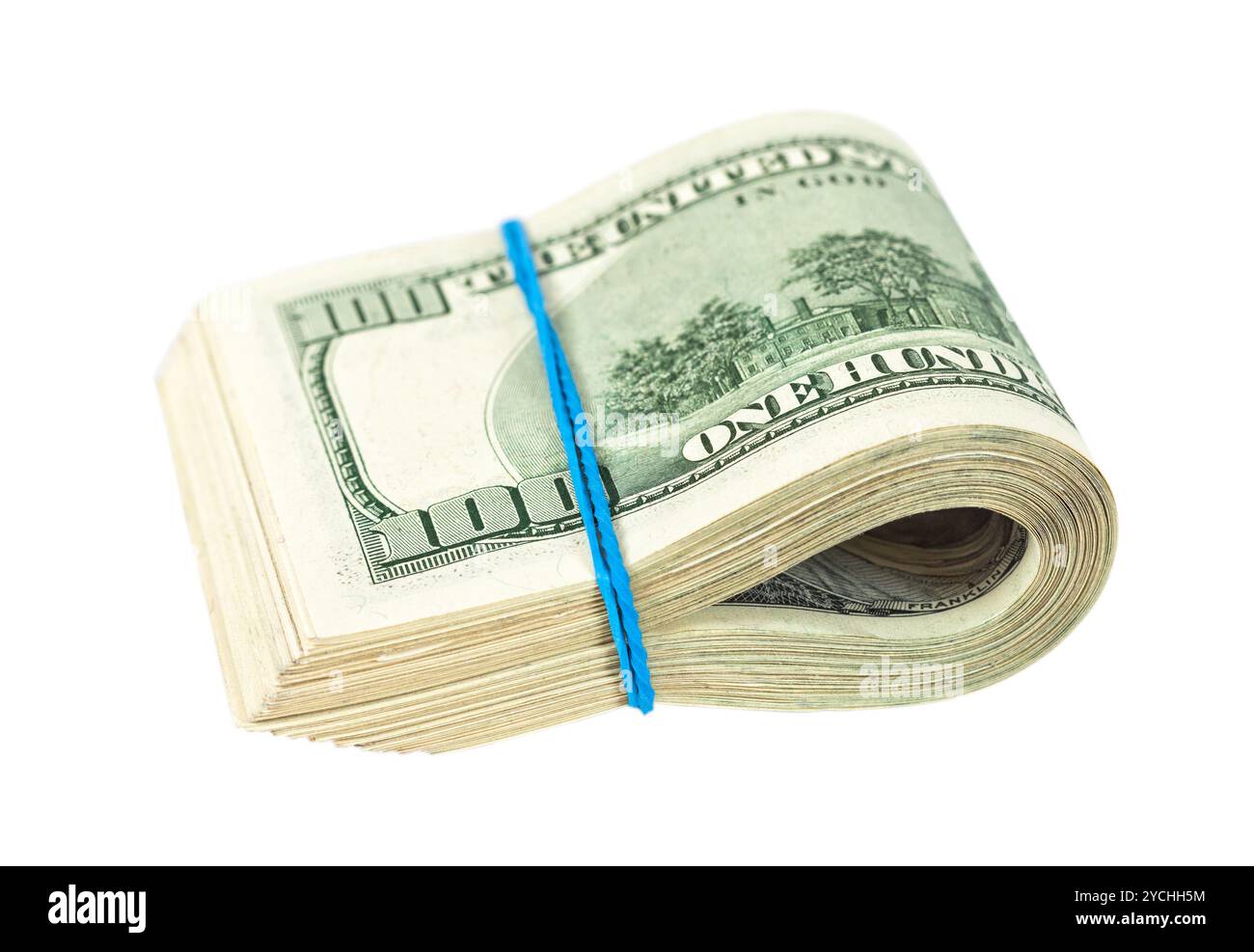 US-Dollar umhüllt von Kautschuk auf weißem Hintergrund Stockfoto