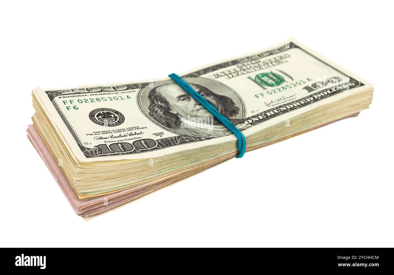 US-Dollar umhüllt von Kautschuk auf weißem Hintergrund Stockfoto