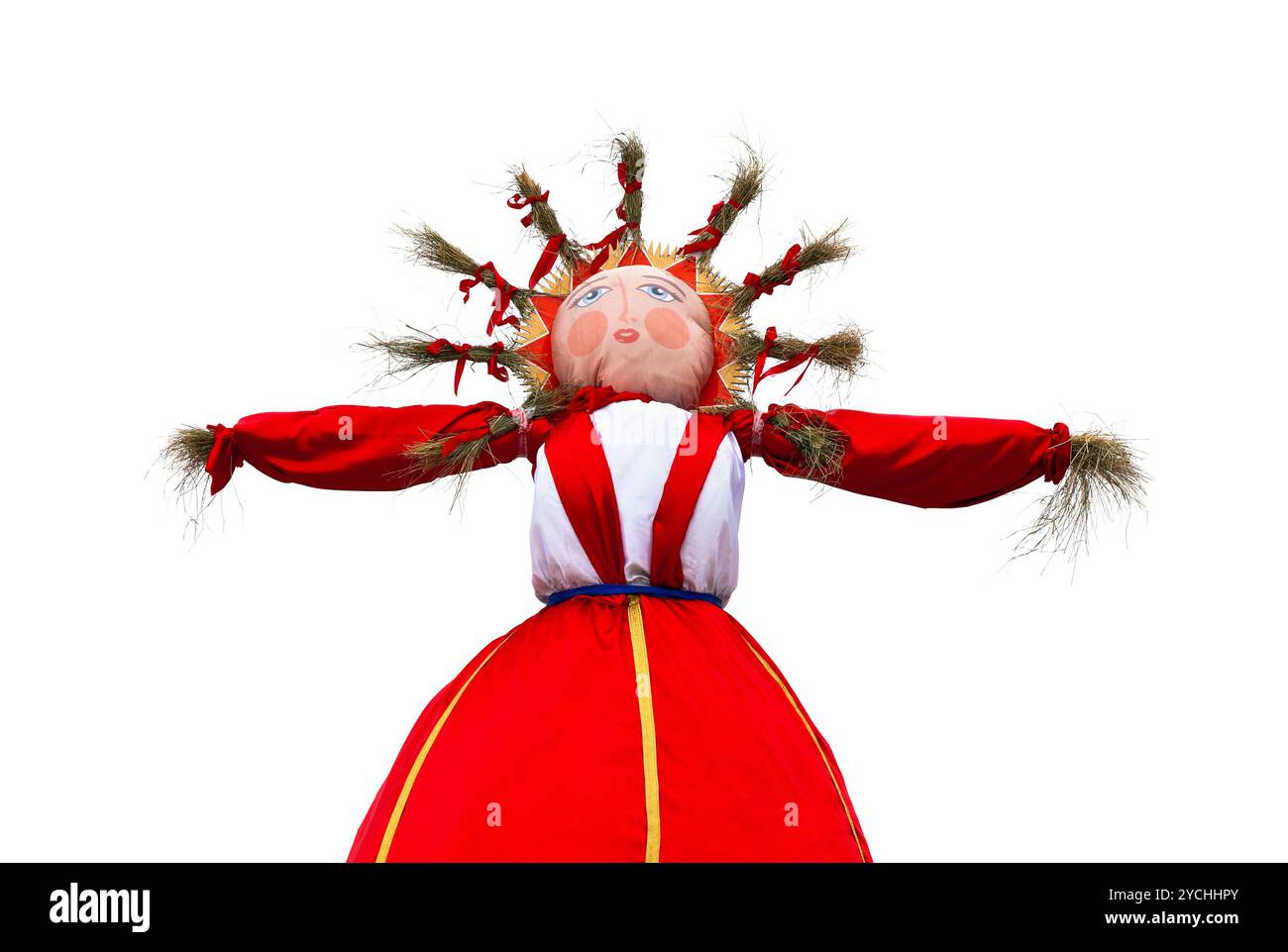 Ende des Winters. Fastnacht. Große Puppe für die Verbrennung auf weißem Hintergrund Stockfoto
