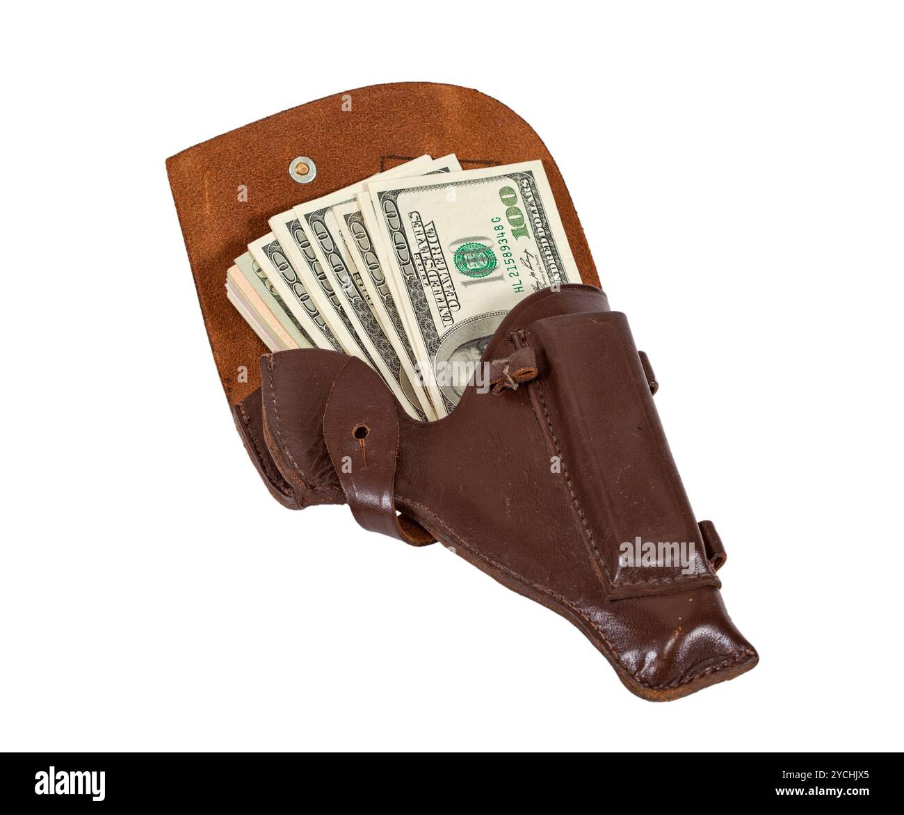 Banknoten in braunem Leder-holster Stockfoto