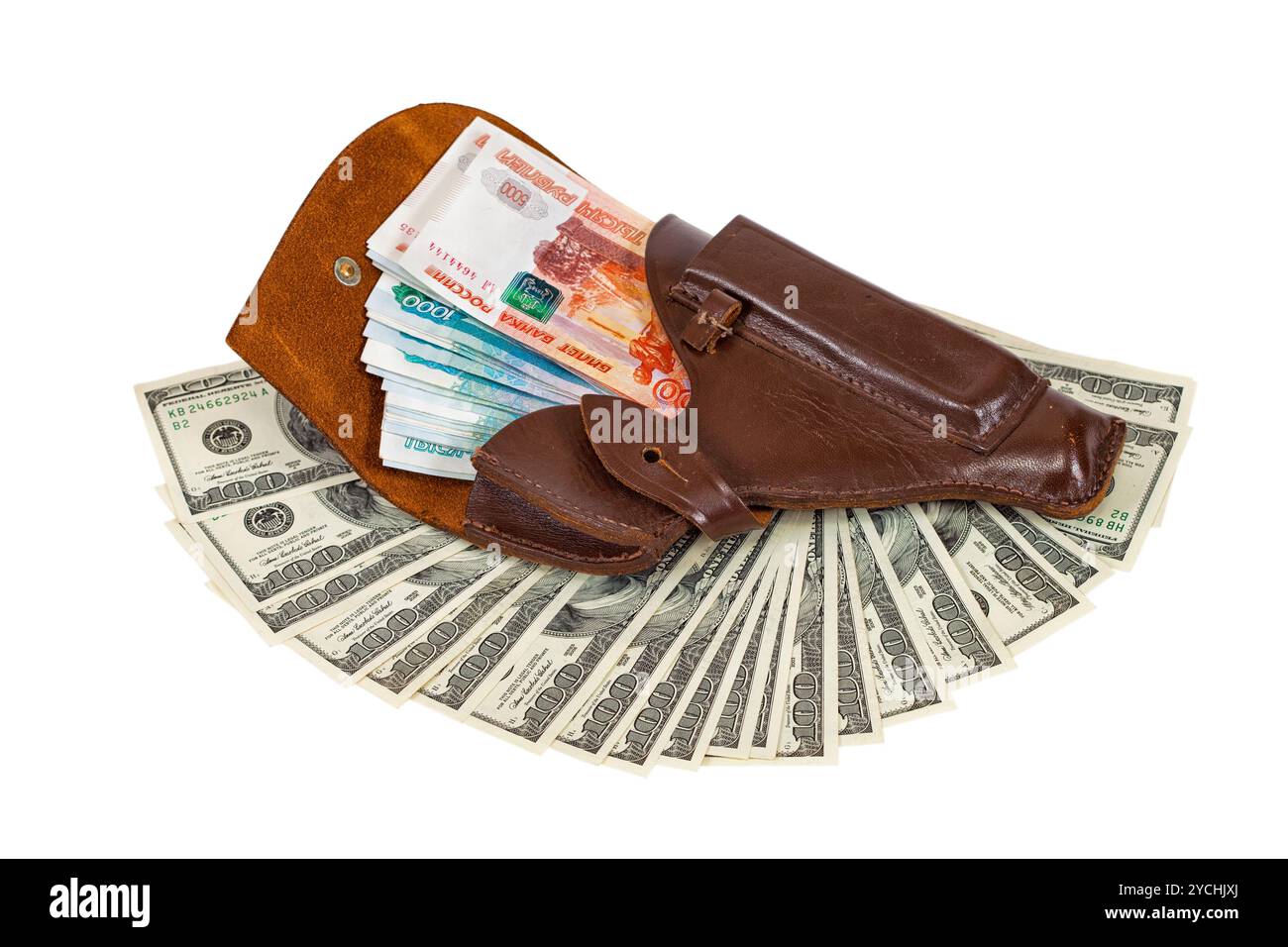 Banknoten in braunem Leder-holster Stockfoto